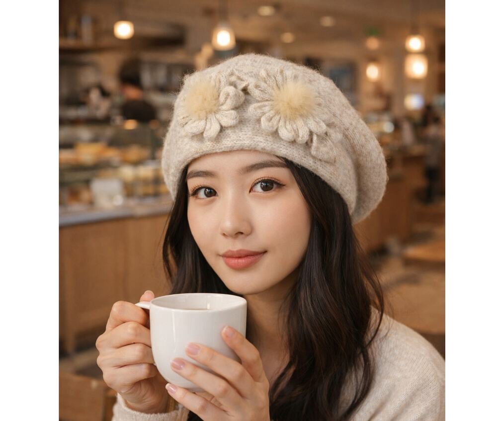 Slouchy Knit Beret Hat OS Cream Heathered Daisy Floral Pom Cozy Cottage Retro